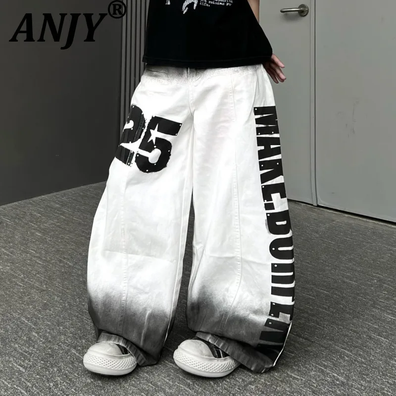 

ANJY Spring Autumn New Women American Style Streetwear Gradient Design Letter Print Jeans Chic Distressed Wide-leg Pants Style