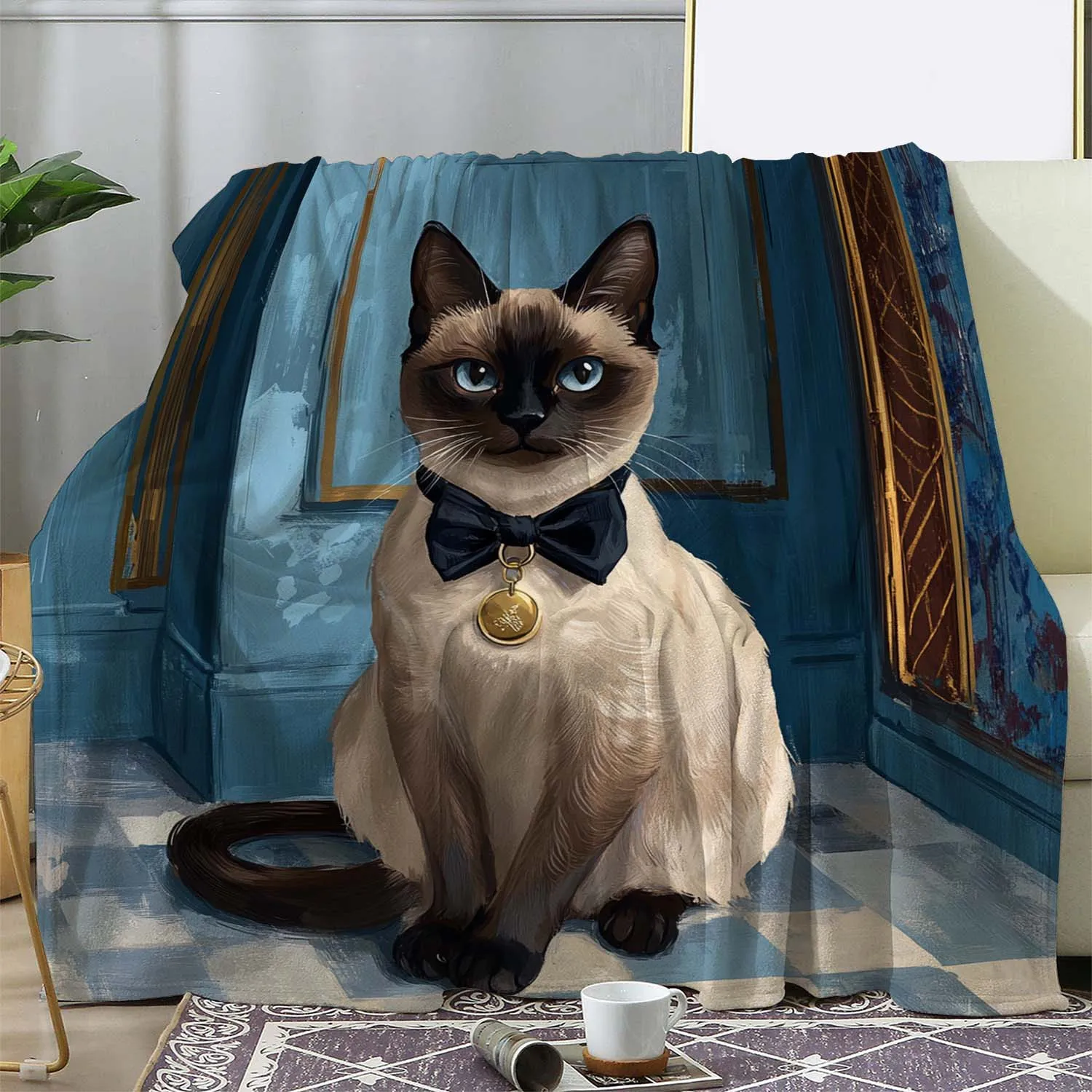 Sdoo Flannel Blanket - Vintage Siamese Cat Print with Blue Bow Tie & Golden Collar, Soft Warm All-Season Throw for Sofa Bed Car