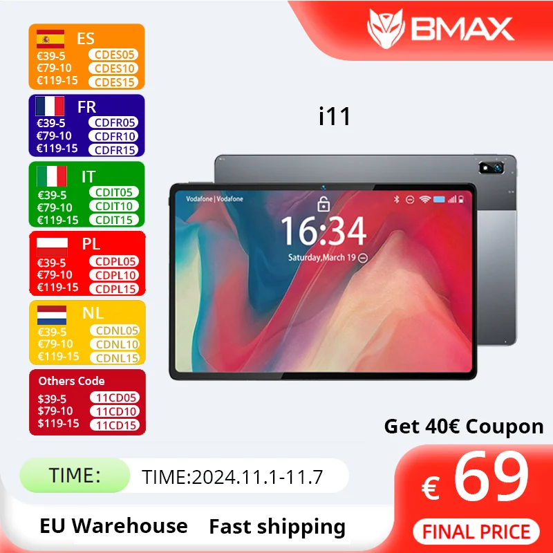 BMAX i11 Android 11 Tablets 10.4 Inch 8GB RAM 128GB ROM 2000x1200 UNISOC T618 Octa Core 4G Network Wifi Camera Tablet PC