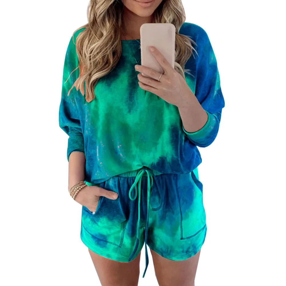 

Two Pieces Ladies Summer Tie Dye Print Long Sleeved +Tie-Up Shorts Pants Women's Casual Sports Clothes T-shirt Pants Outfit
