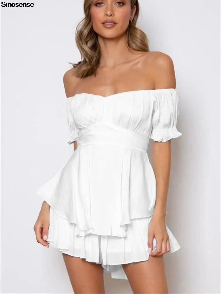 

Solid White Playsuits Sexy Overalls Women Off Shoulder Tie Back Ruffle Hem Chiffon Summer Boho Rompers Casual Short Jumpsuits