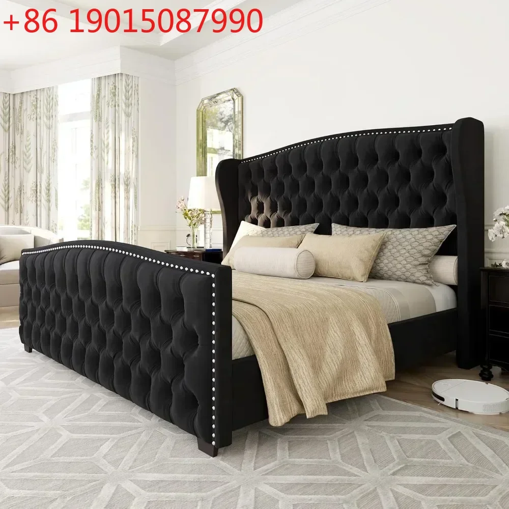 

Queen Size Platform Bed Frame,Velvet Upholstered with Deep Button Tufted Nailhead Trim Wingback Headboard Black,Bed Frames
