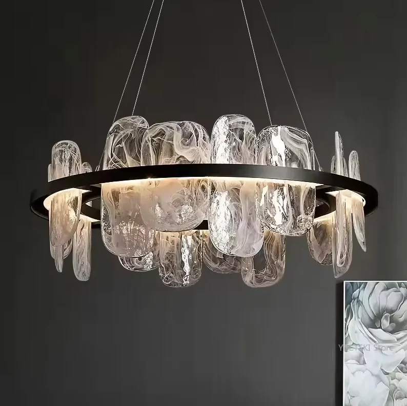 Luxury Gold Ring 40/60/80/100cm Chandelier Cloud Glass Adjustable Ceiling Pendant Light Dimmable Living Room Dining Room Fixture
