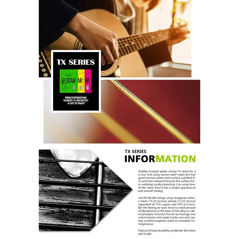 Cuerdas para guitarra acústica Orphee 10 47 Extra Light / 11 52 Luz normal / 12 53 Calibre medio Hexagonal Acero al carbono Aleación de níquel