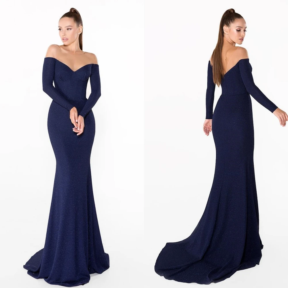 

Simple Off-the-shoulder Sheath Mermaid Prom Dresses Paillette / Sequins Vertically Hugging Satin Floor length Evening Dressesفست