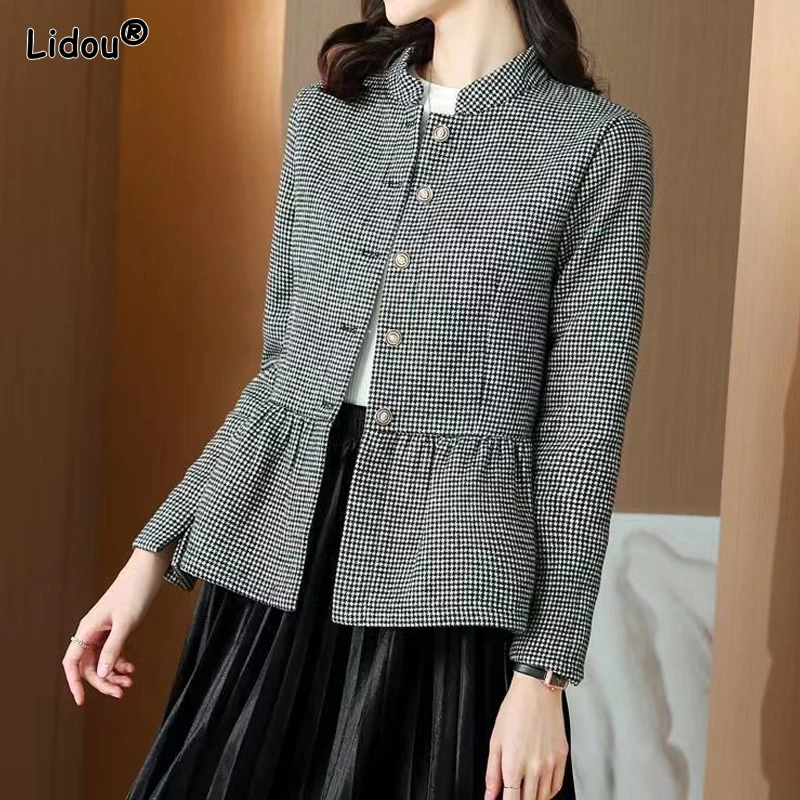 Women\'s Clothing Coats Jackets Jackets Houndstooth Thin Korean Women Single Breasted Skirt Autumn Winter Stand Button Dignified