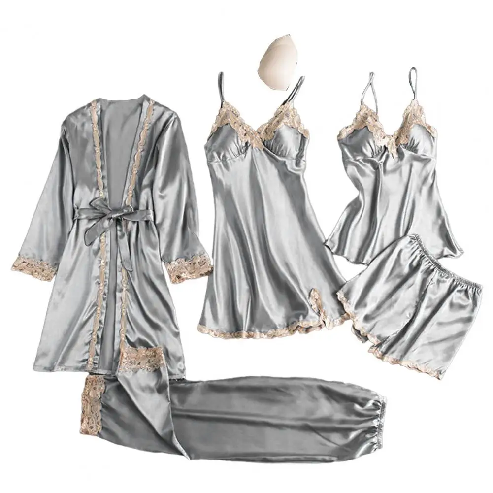 5 Pcs/Set Women Pajamas Set Nightgown Nightdress Top Shorts Pants Set Silky Satin Lace Patchwork Women Homewear Set Sleepwear