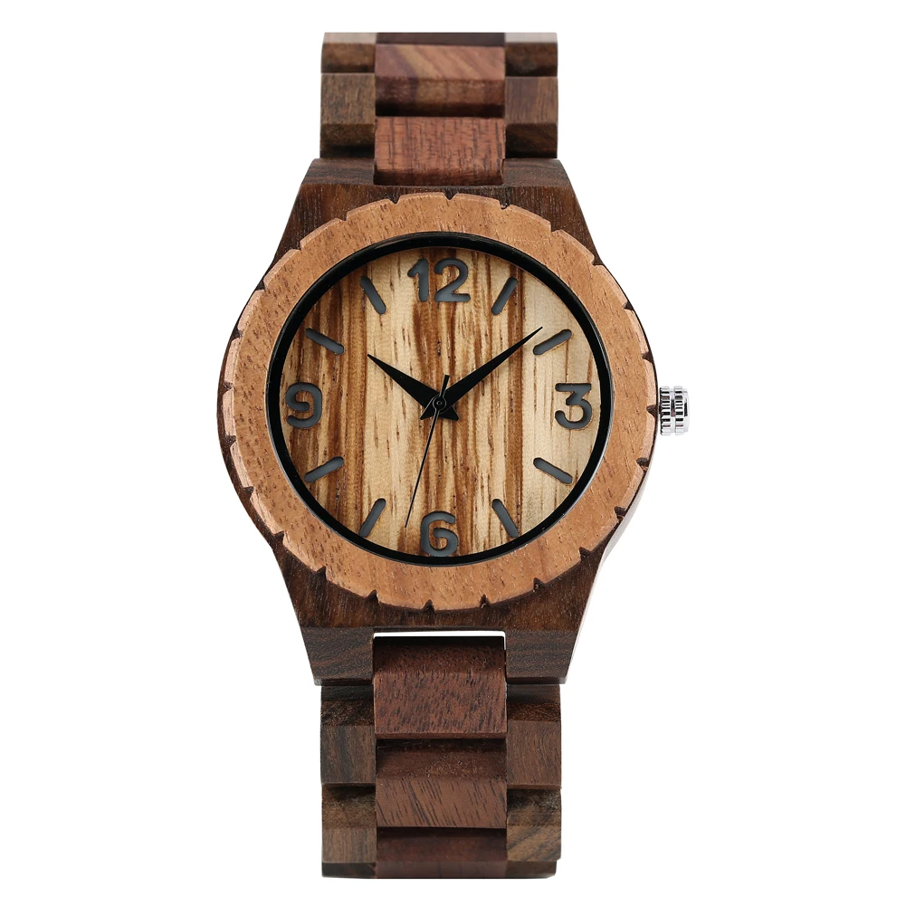 Coffee Brown Walnut Wood Men's Watch Quartz Wristwatches Arabic Numerals Dial Vintage Stylish Male Wooden Bangle Timepiece Gift