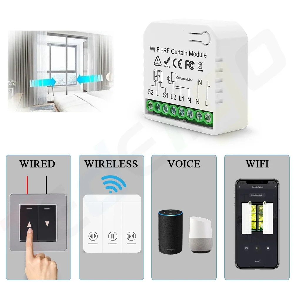 Tedeligo WiFi RF Smart Curtain Switch Module,Smart Home Roller Shutter Garage Controller Wireless Wall Switch,Alexa,110V 220V