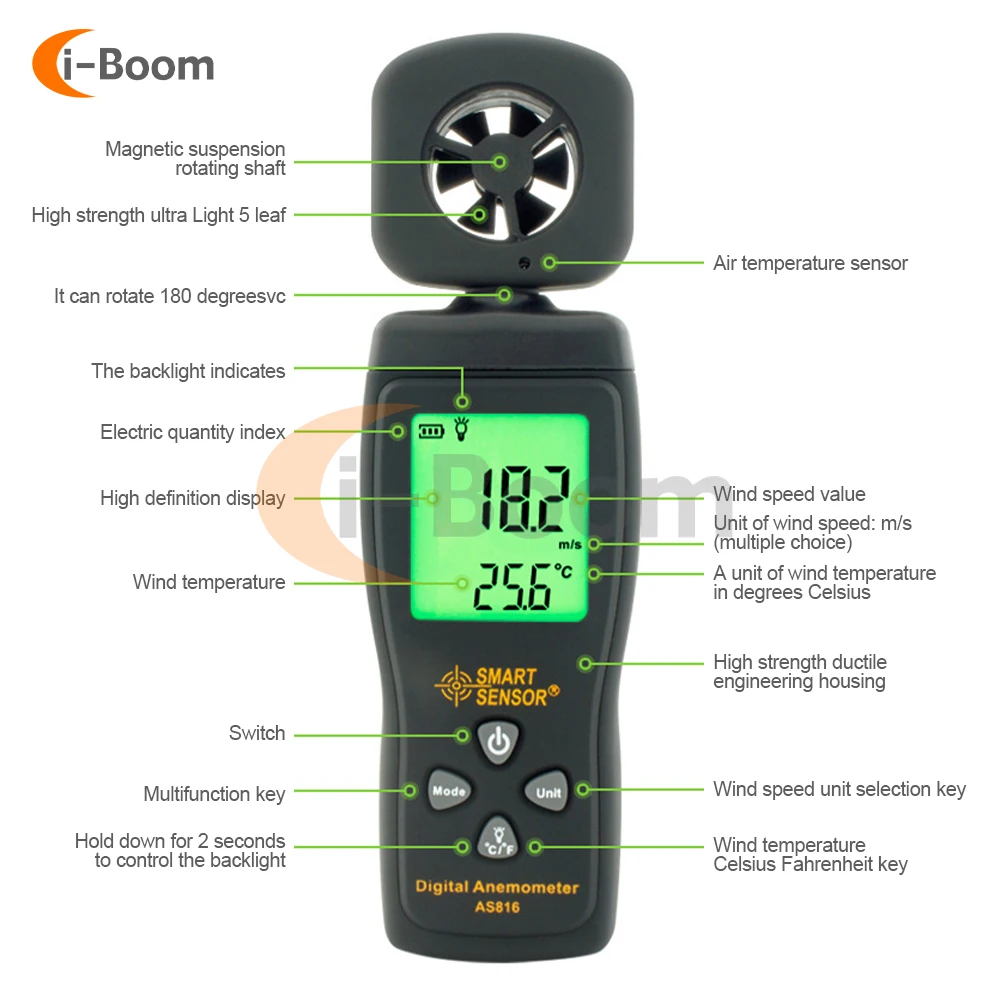 Mini Anemômetro Digital com Lcd Backlight Medidor de Velocidade do Vento Velocidade do ar Medição de Temperatura Ferramenta de Medição As816