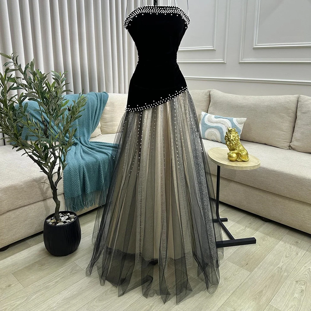 

Customized A-line Evening Dresses Floor-length Strapless Sleeveless Prom Gown Fashion Beading Simple Draped Backless Party Gown