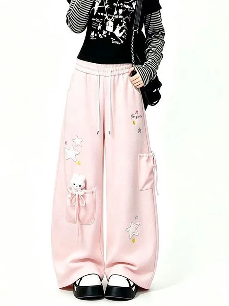 Fall Kawaii Pink Pant Women Fashion Preppy Style Loose Sweet Trousers Chic Cute Cartoon Rabbit Stars Print Lady Wide Leg Pants