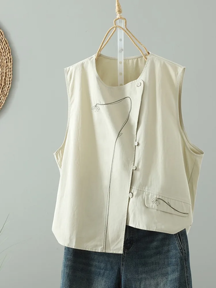 Retro Japanese Style Women's Short Sleeveless Cotton Vest Irregular Length Spring Summer Outerwear Commute Style Button Design