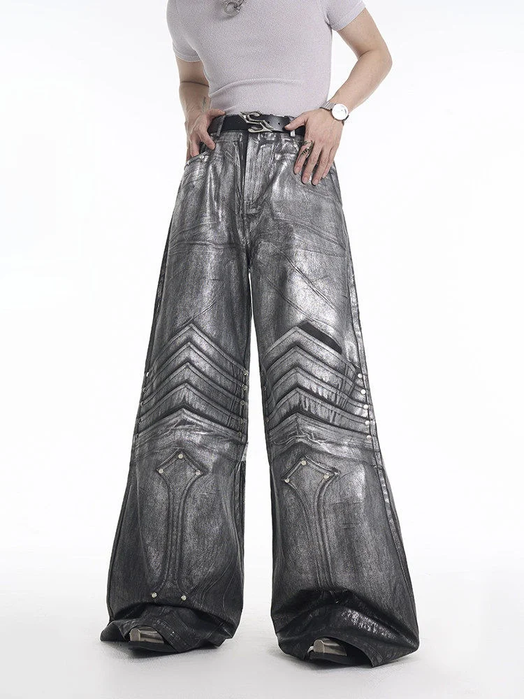 

Silver Coated Denim Jeans Men's Spring Deconstructed Design Dark Pioneer Knight Wide Leg Pants High Waist Straight Leg Fit
