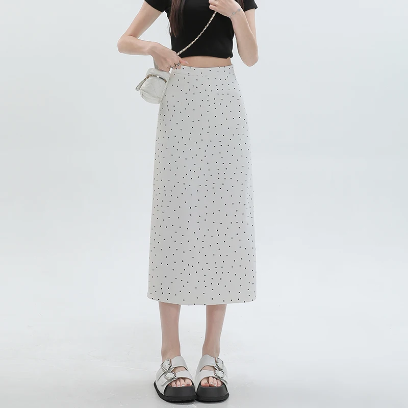 

Летние юбки-миди в горошек, женские элегантные модные корейские стильные офисные юбки с высокой талией и разрезом, повседневные женские универсальные юбки