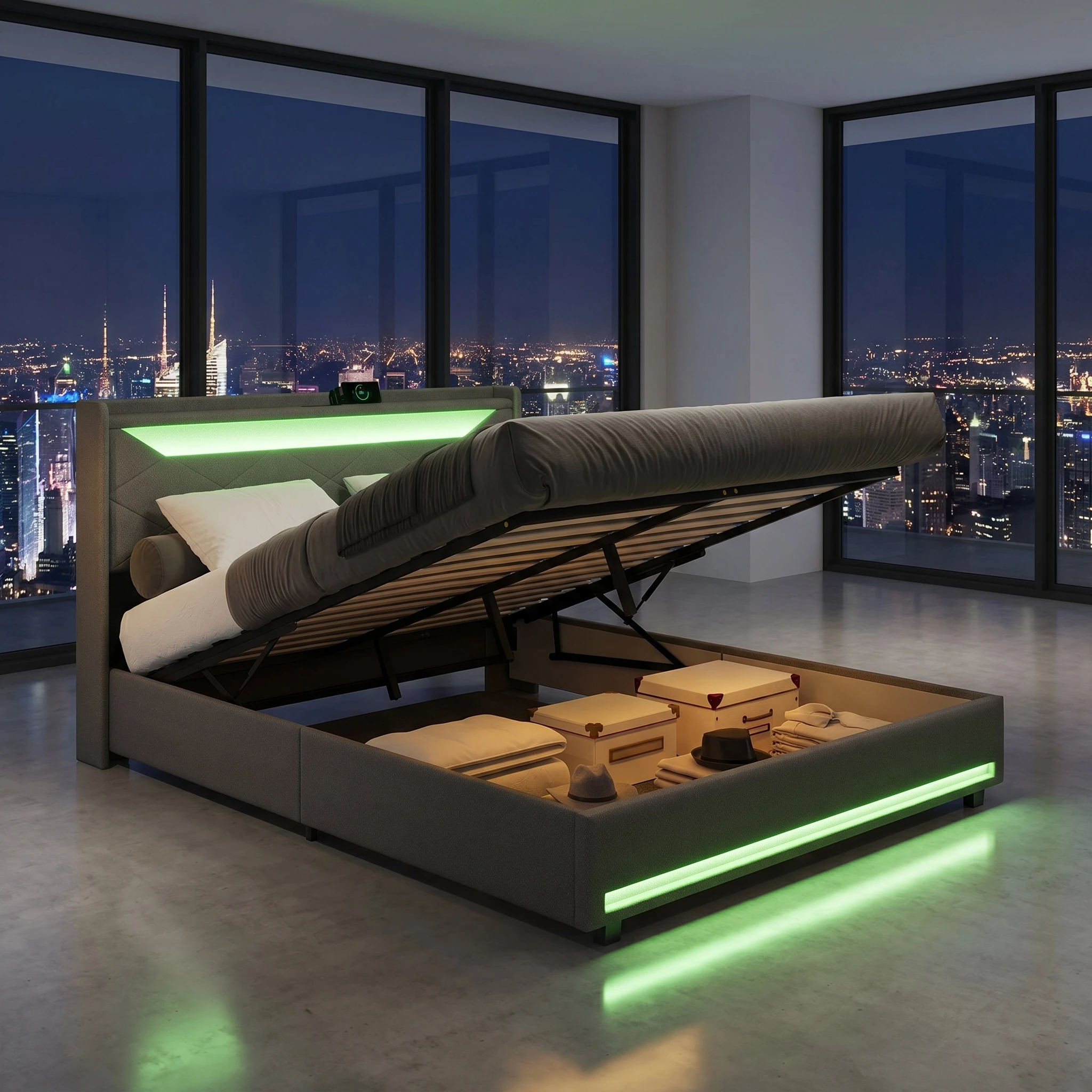 Anajqaqia 140×200 cm hydraulisches Stauraumbett, gepolstertes Doppelbett mit LED-Lichtleiste und Lattenrost, USB-Anschluss, Leinen, Grau