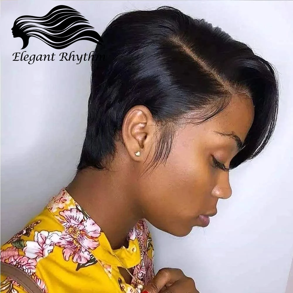 Wig rambut manusia potongan Pixie pendek untuk wanita hitam Wig depan renda lurus pendek bagian samping 13X1 telah ditanami dengan rambut bayi