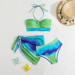 Girls 3pack Green Bikini Sets with Skirts Mesh Cover Ups Drawstring Kids Swimsuit 7-12 Years Children's Swimwear Bathing Suit