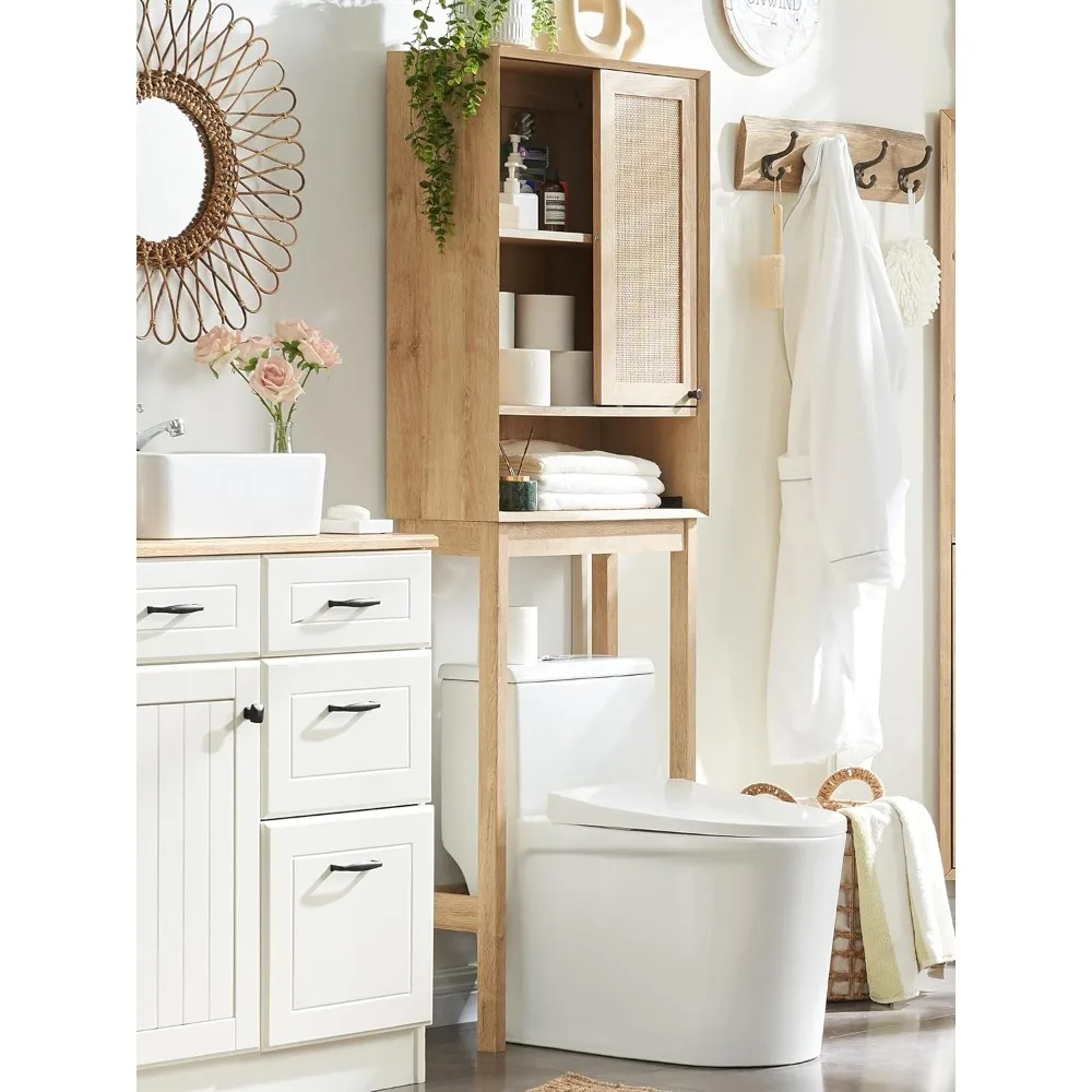 

Natural Rattan Over The Toilet Storage Cabinet, 68" Tall Modern Boho Storage Cabinets Above Toilet with Sliding Door & Adjustab