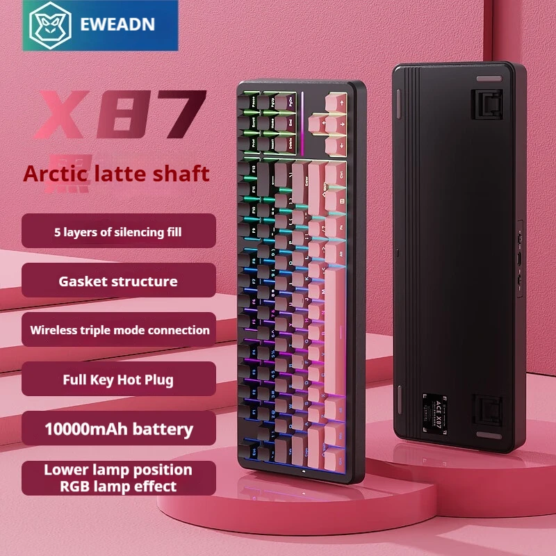 

EWEADN X87 Gaming Wireless Mechanical Keyboard Bluetooth Blackberry Pink Side Print Arctic Latte Switch Tri-Mode For Computer PC