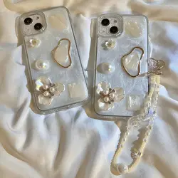 Korean Pearl Flower Soft Transparent Mobile Phone Case for iPhone 14 13 Pro Max 12 11 with Crystal Chain Protection Back Cover