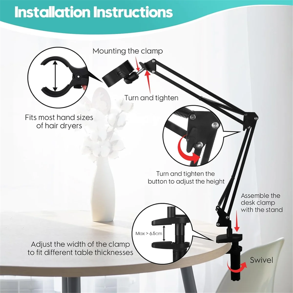 AT16 Dog Hair Dryer Holder,360° Rotatable Hands-Free Pet Dryer Holder, with Adjustable Clamp , Fits Most Hairdryers