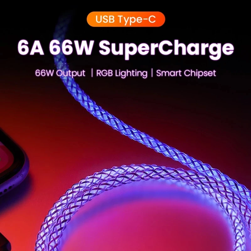 6A 66W Fast Charging Rgb Breathing Luminous Gradient Light Data Cable Type-C Charger for Iphone 15 Pro Huawei Samsung Data Cable