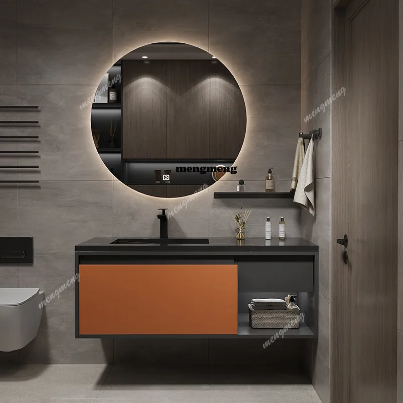 

Modern light luxury rock slab seamless ceramic integrated basin bathroom cabinet combination intelligent simple mirror cabinet