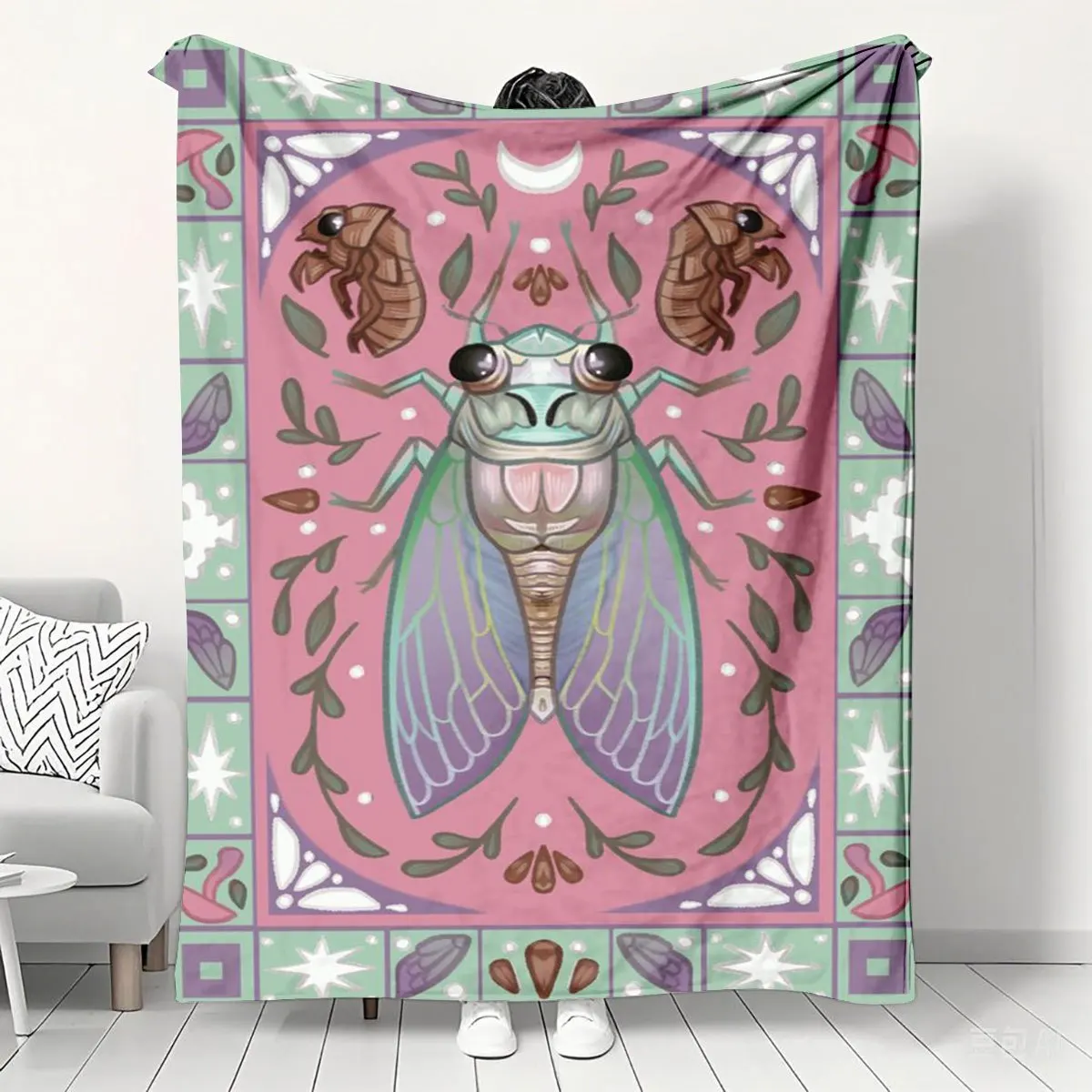 Boho Cicada Insect Pattern Throw Blanket Nap Cover for Nursery Room Boho Decor Gift Hippie Aesthetic Teal Pink Art Throw Bedding