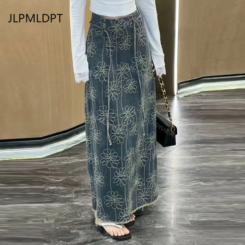 

embroidery rough edge high waist denim skirt women's 2025 summer thin loose split hip wrap a word long skirt