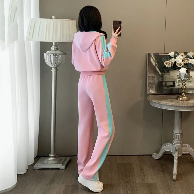 Autumn casual sports suit for women 2024 new fashion pink age reducing hooded straight leg pants two-piece set trendy