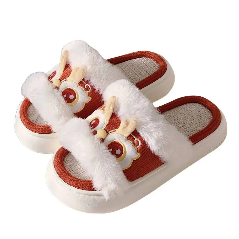 Chinese Lion Dance Linen Slippers For Women Four-Season Stylish Home Use Anti Slip Thick Soled Cotton Linen Floor Shoes