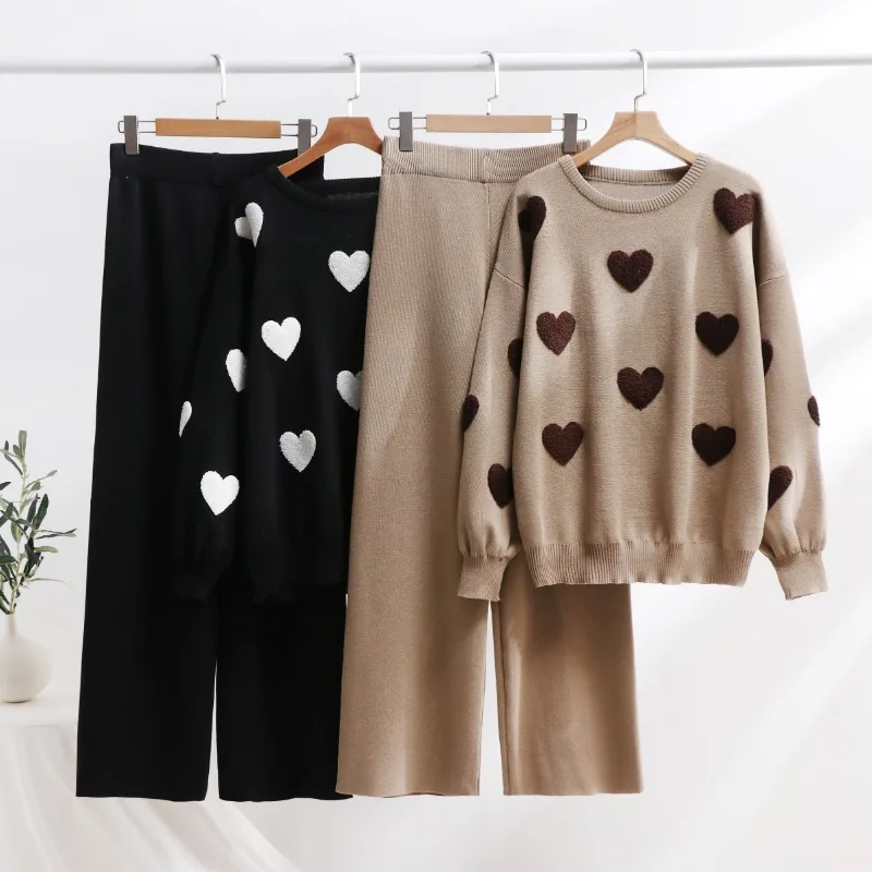 New Winter Thick Knitted Women\'s Tracksuit Collision Love Embroidery Long Sleeve Pullover Sweater + Wide Leg Pant 2 Piece Sets