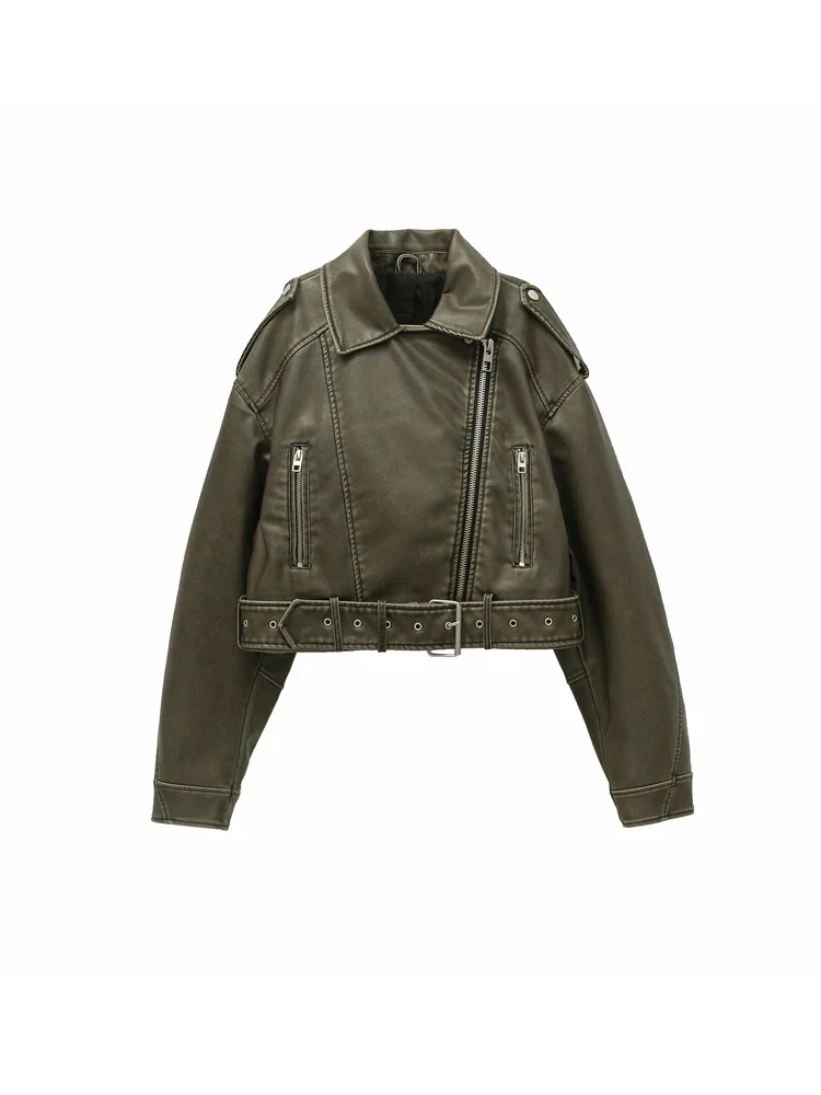 2025New Coal graysty le Gewassen leren damesjas met riem, korte jas met doorgestreepte ritssluiting en vintage reversjas - afbeelding 2