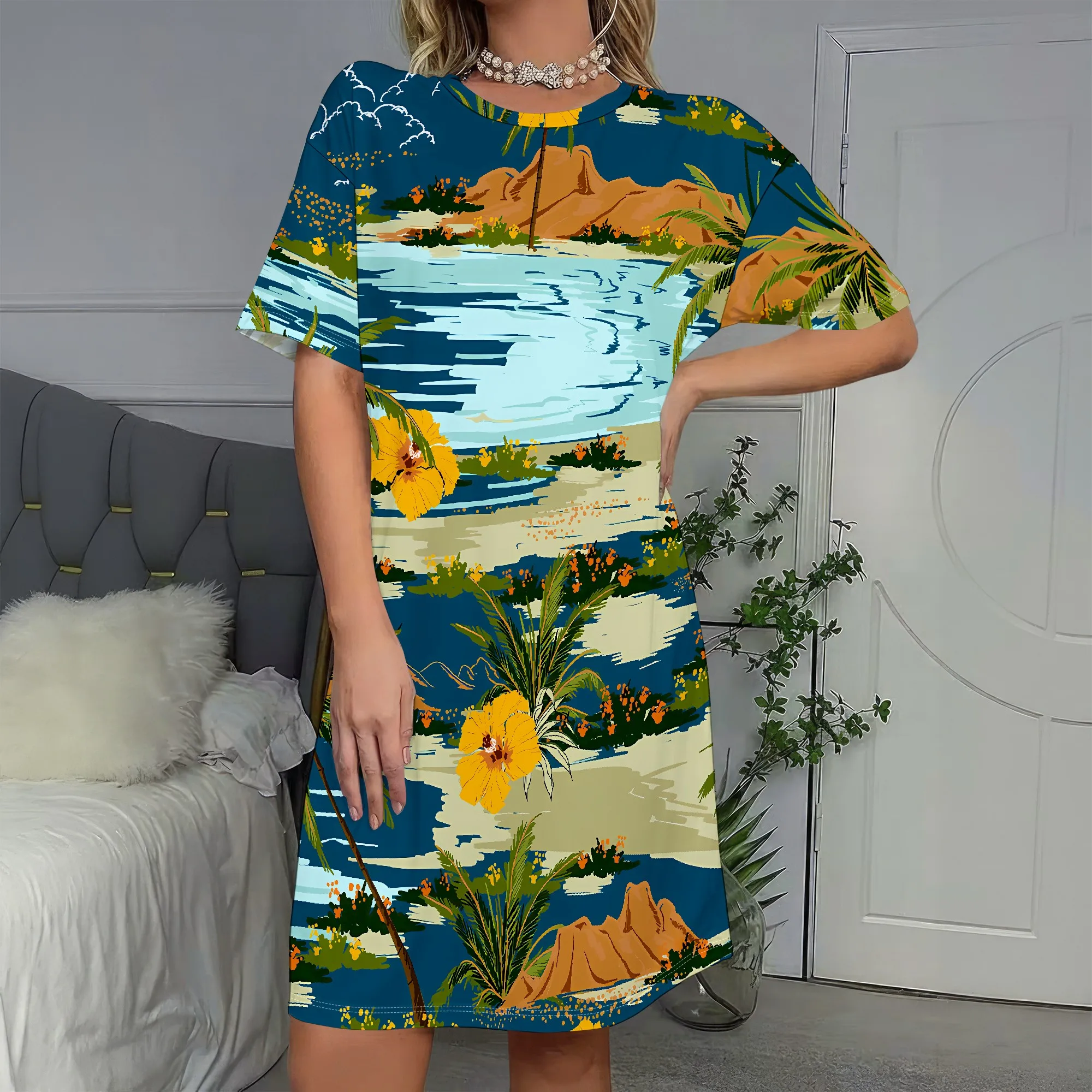 Tropical Print, Short Sleeve Dress, Beach Pattern, Island Style, Ocean Blue, Summer Vacation Wear, S-2XL