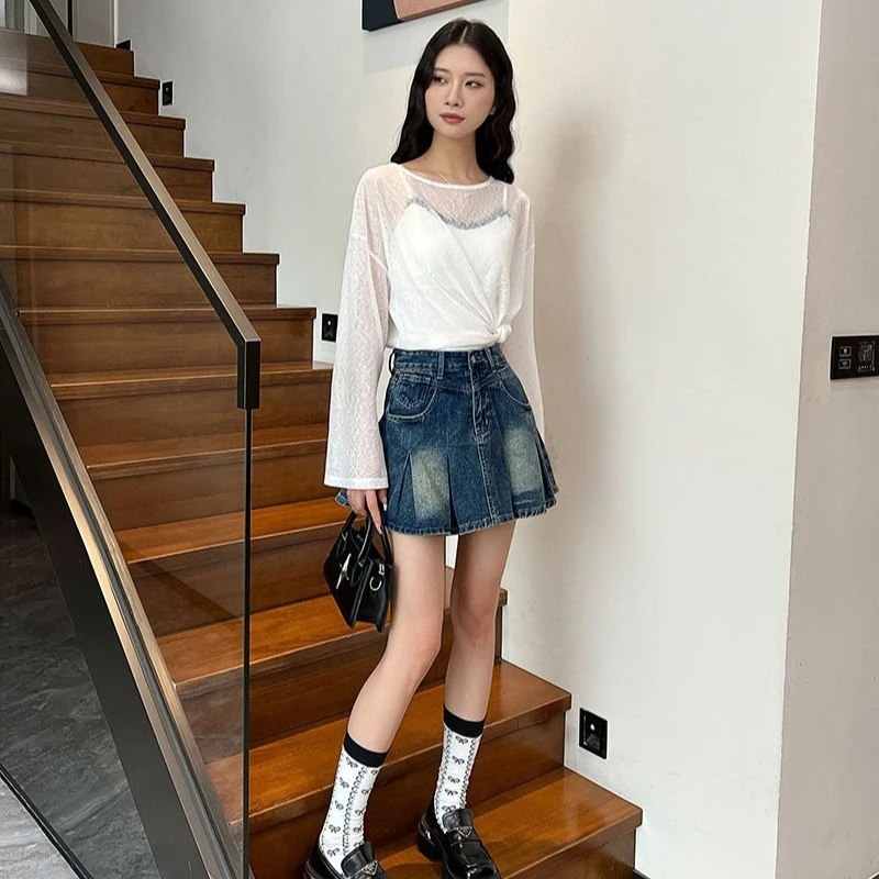 

Новинка: Женская джинсовая мини-юбка А-силуэта, стильная, плиссированная, с высокой талией, с подкладкой, для создания эффекта увеличения роста, летняя, модная