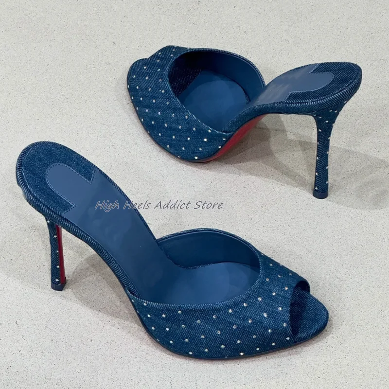 

Blue Denim Crystal Studded Slippers Women's Summer New in Peep Toe High Heels Mules Leather Sexy Cheap Designer Shoes on Offer