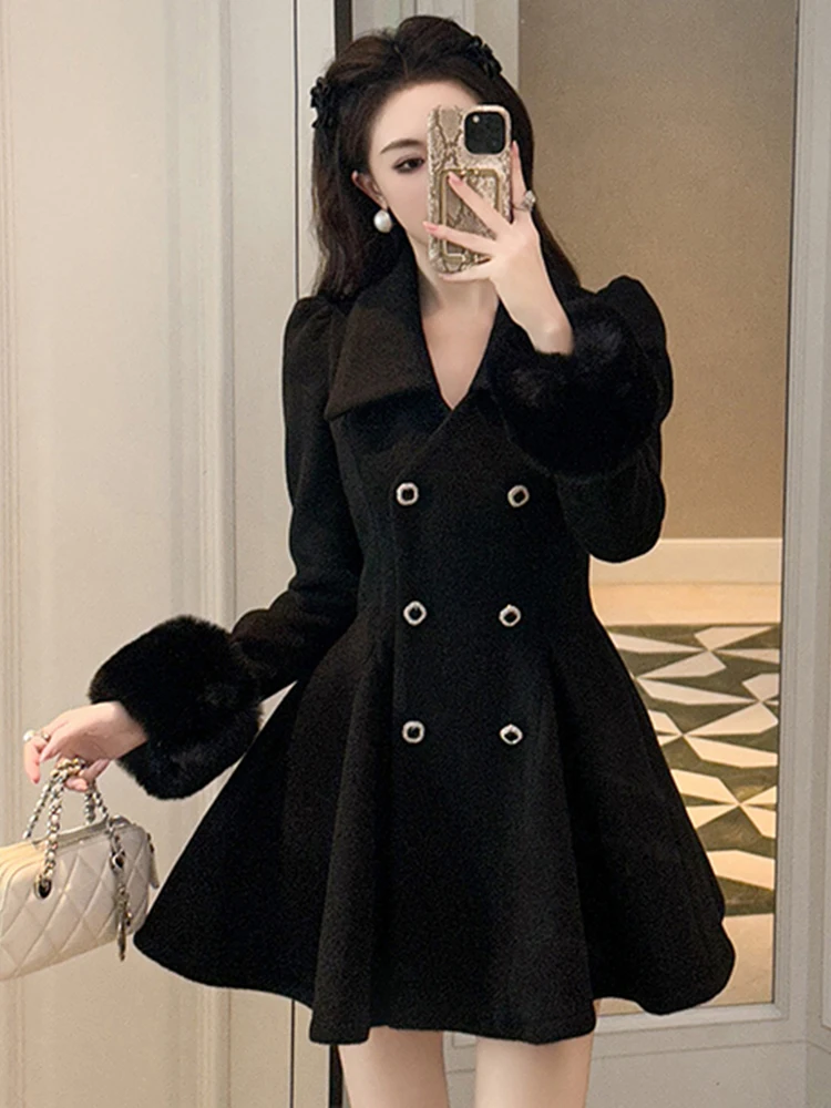Fashion Elegant Party Jacket for Women Cute Celebrity Black Woolen Coat Fur Long Sleeve Tops Female Clothes Street Prom Outwear