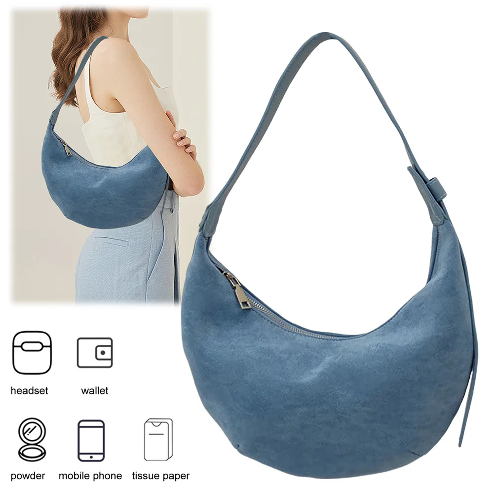 

Women Suede Crescent Bag Zipper Closure Underarm Bag Trendy Clutch Purse Solid Hobo Bag for Work Travel