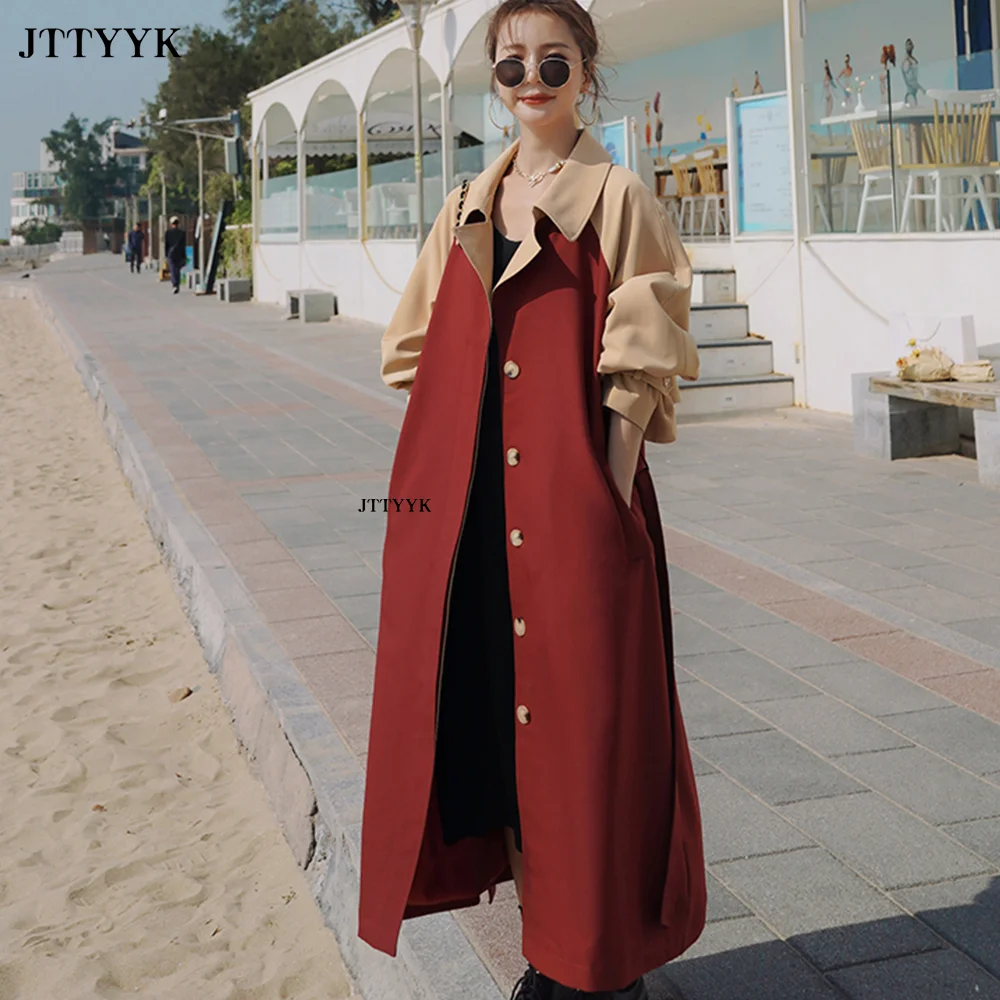 

Korean Style Midi Long Patchwork Vintage Women Windbreaker 2023 New Spring Autumn Single Breasted With Sashes Female Trench Coat