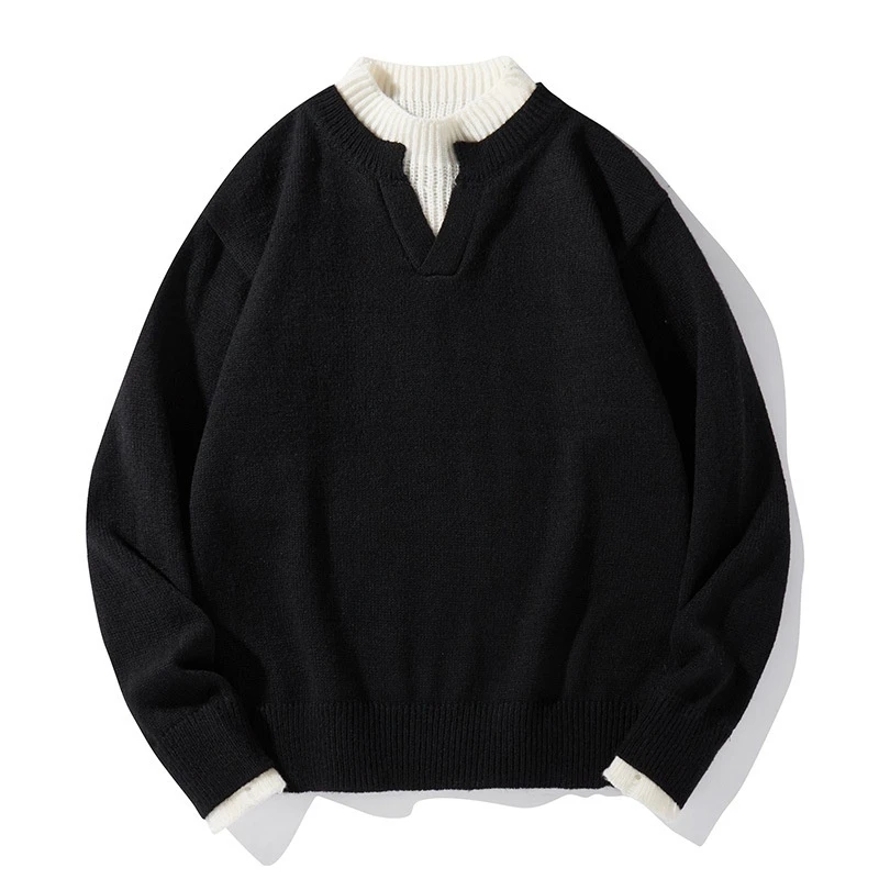 

Fake two-piece sweater men's autumn and winter new V-neck base top casual loose knitwear lazy style men's clothing