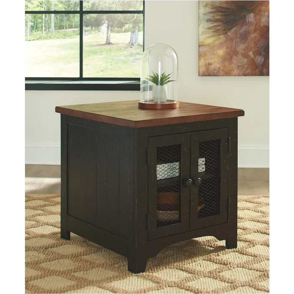 Valebeck Farmhouse Rectangular End Table with Storage, Distressed Brown & Black Finish