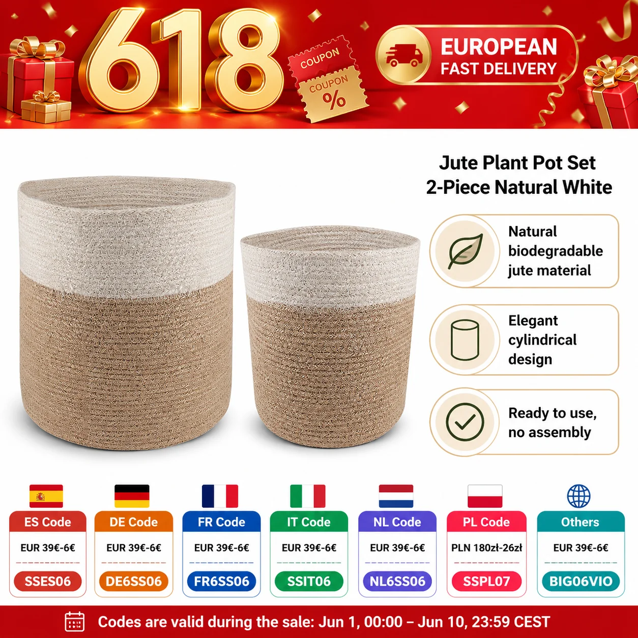 Ensemble de pots en jute, 2 pièces, naturels et blancs, pots à fleurs cylindriques pour plantes d'intérieur et d'extérieur, salon, balcon, décoration de jardin, 28 x 28 cm