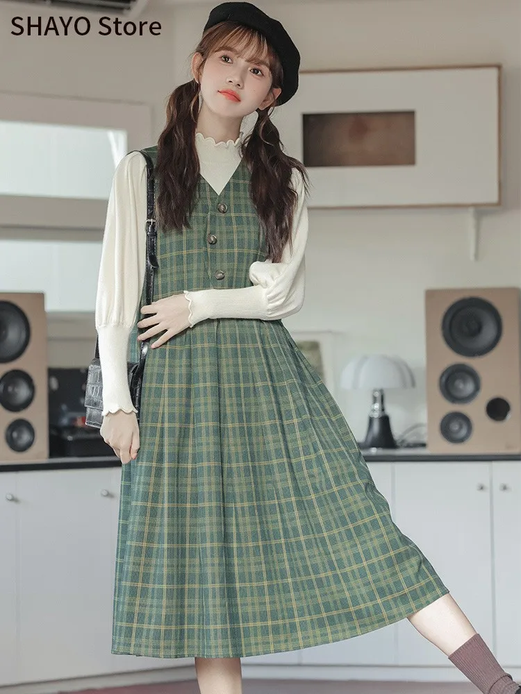 

Japanese style Autumn Winter Women Sundress V Neck Green Plaid Loose Tank Dress Sleeveless Elegant Baggy Midi All-Match Dress