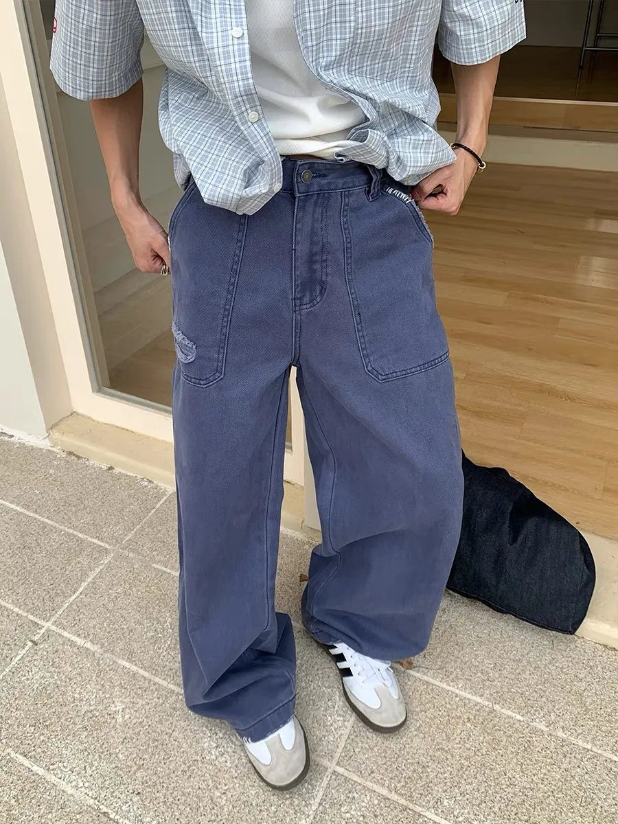 

Мужские рабочие брюки American Sle Blue Waed High Street Cool, винтажные повседневные широкие брюки, свободные джинсы прямого кроя