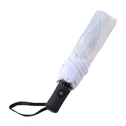 Fully Automatic Transparent White and Black Handle Umbrella Small Fresh Forest Students Three Fold Folding Umbrella -1 piece