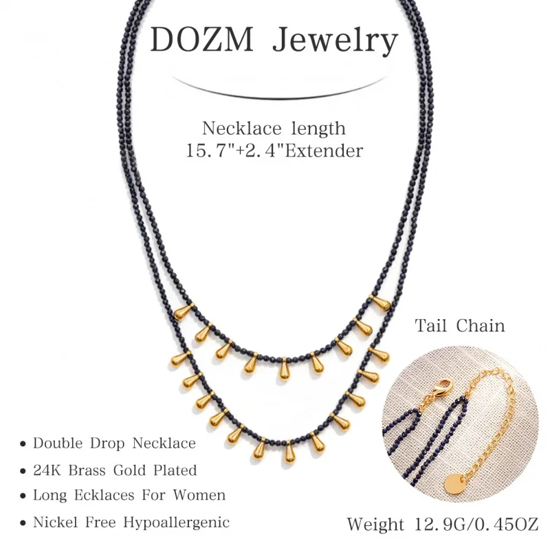 Litheline 24K Gold Plated Brass Double-Layer Black Bead Necklace, Anti-Tarnish Everyday Bold Modern Jewelry