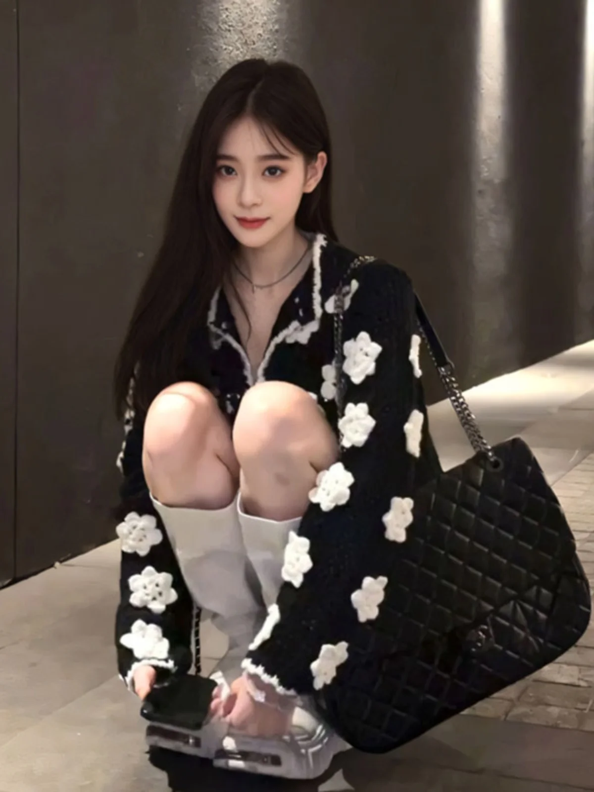 

Stylish Knitted Sweater with Hook Needle Hollow out Design Black White Color Block Trendy Spring Autumn Women's Casual Wear