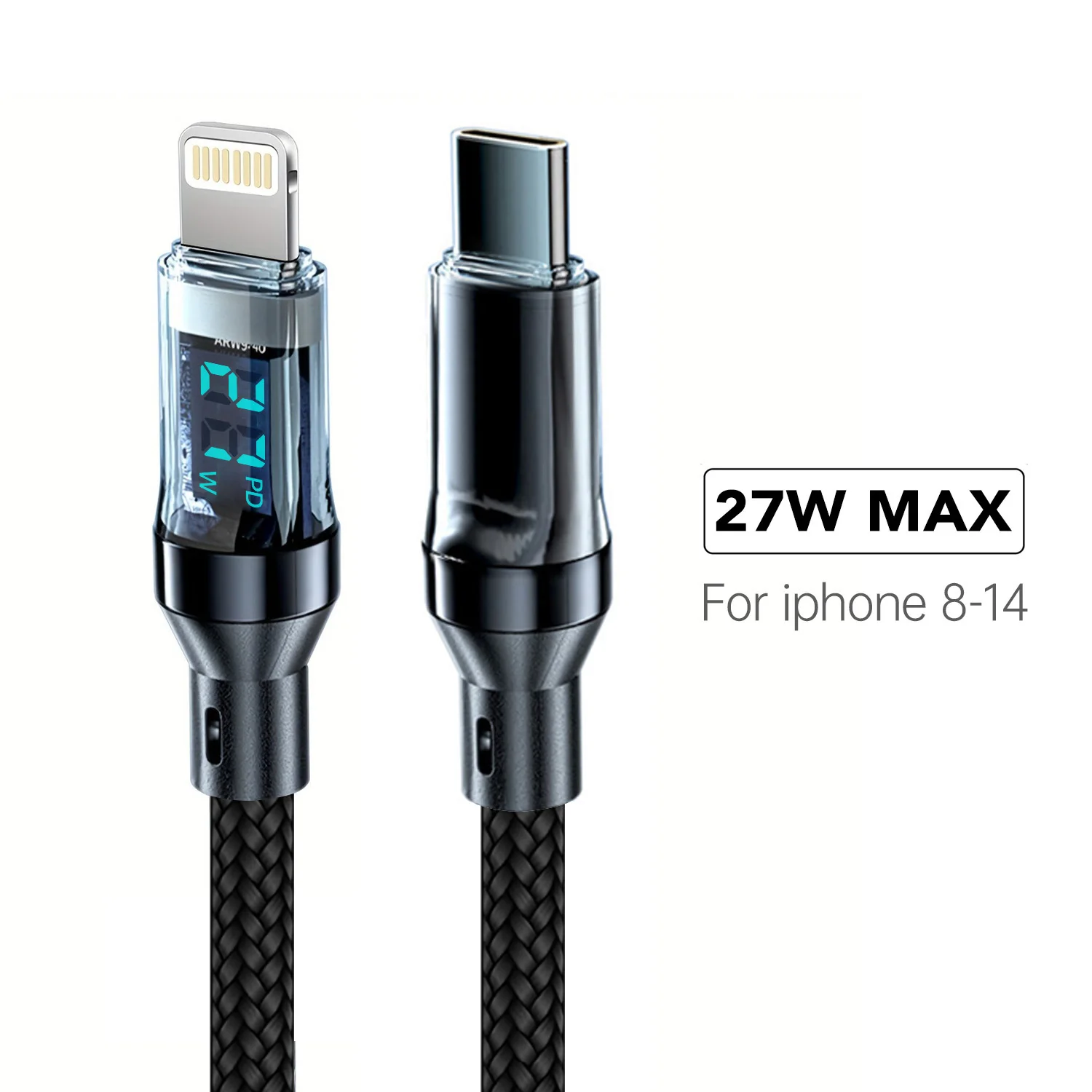OOZCC LCD Watt-displaykabel, max. 120 W supersnel opladen USB Type C-kabel Gegevensoverdracht, USB A naar Lightning voor IPhone14 Pro - afbeelding 1