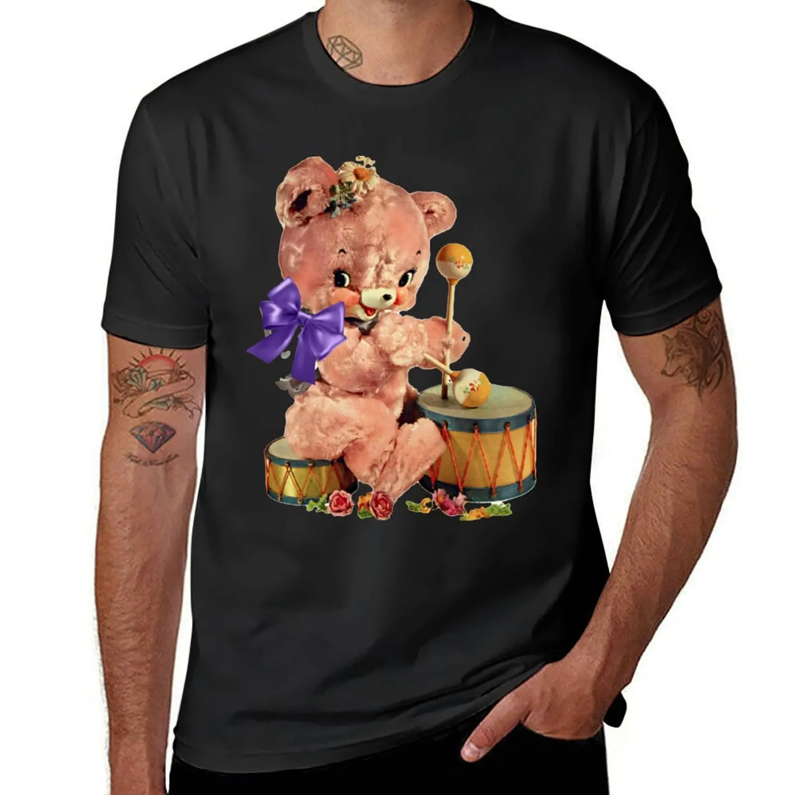 Pink Bear Playing Drums Vintage Kitsch Transfer T-Shirt tees boys animal print mens t shirt